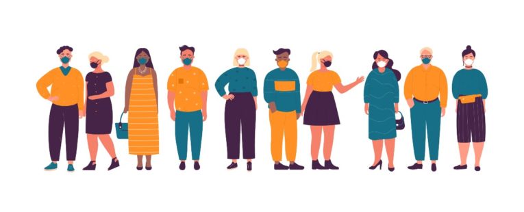 Illustration of masked diverse people of all body sizes.