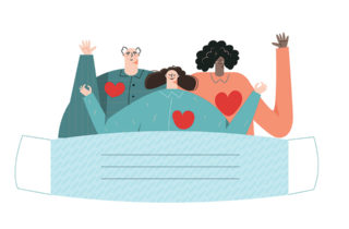 Illustration of 3 happy people with heart graphics blanketed by a mask