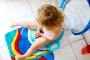 toddler sits on a training potty during potty training