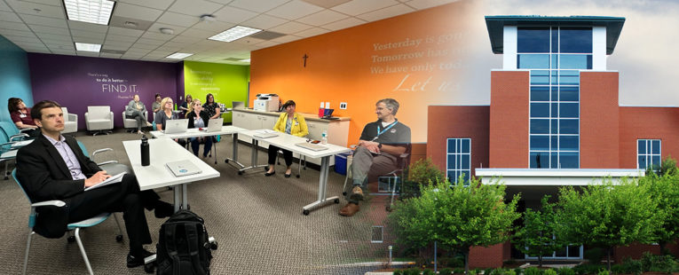 A split image of a group of Mission Partners from OSF St. Luke Medical Center participating in the Trailblazer Challenge and an image of OSF St. Luke Medical Center.