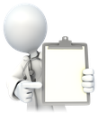 Clip art image of stick figure holding forms on a clipboard