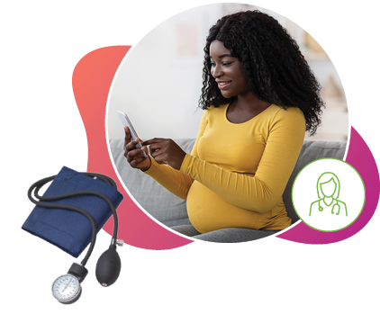 Expecting mothersitting on couch using a smartphone